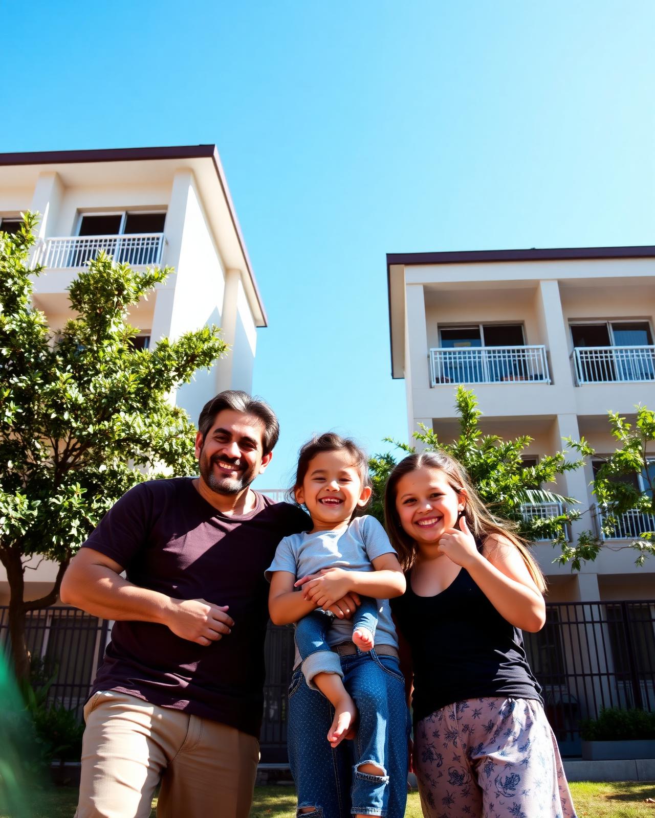 Família feliz na frente do seu novo apartamento do Minha Casa Minha Vida